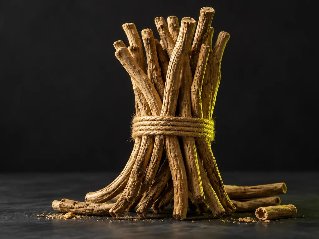 A bundle of dried ashwagandha roots tied with twine on a dark surface