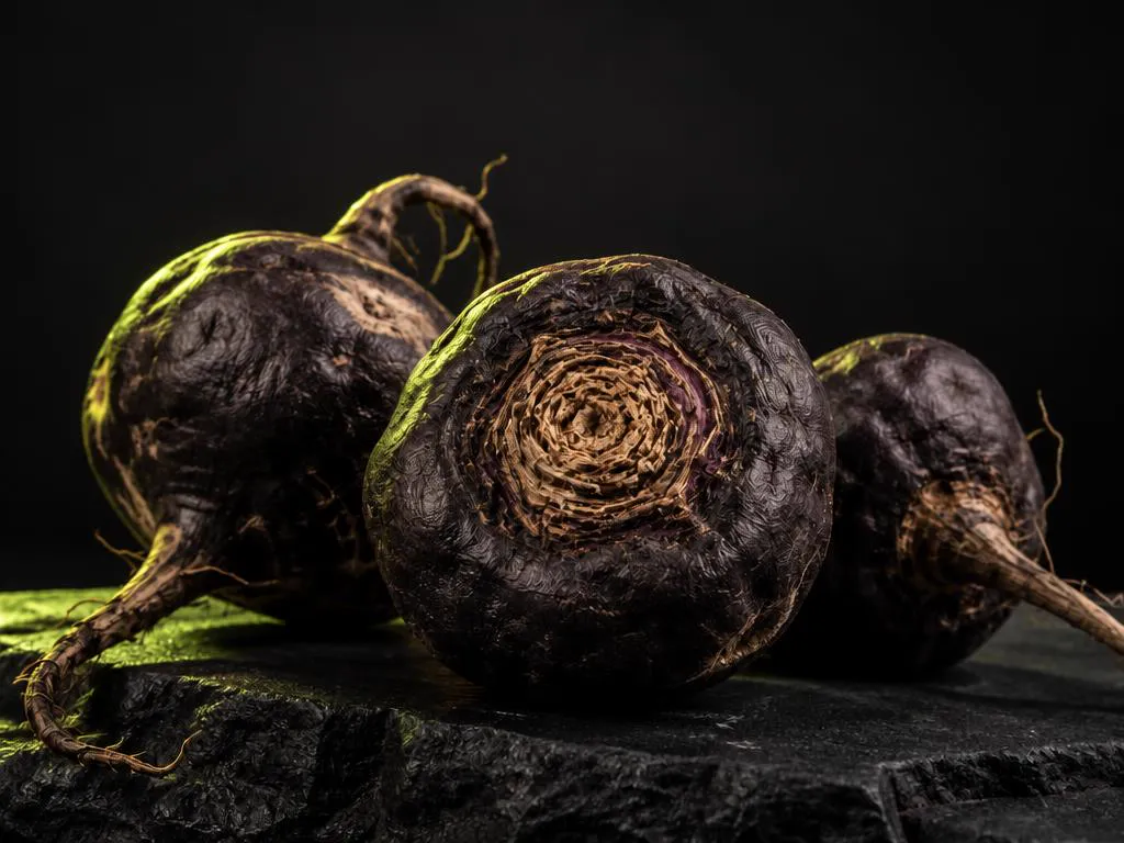 Three whole black maca roots resting on dark slate