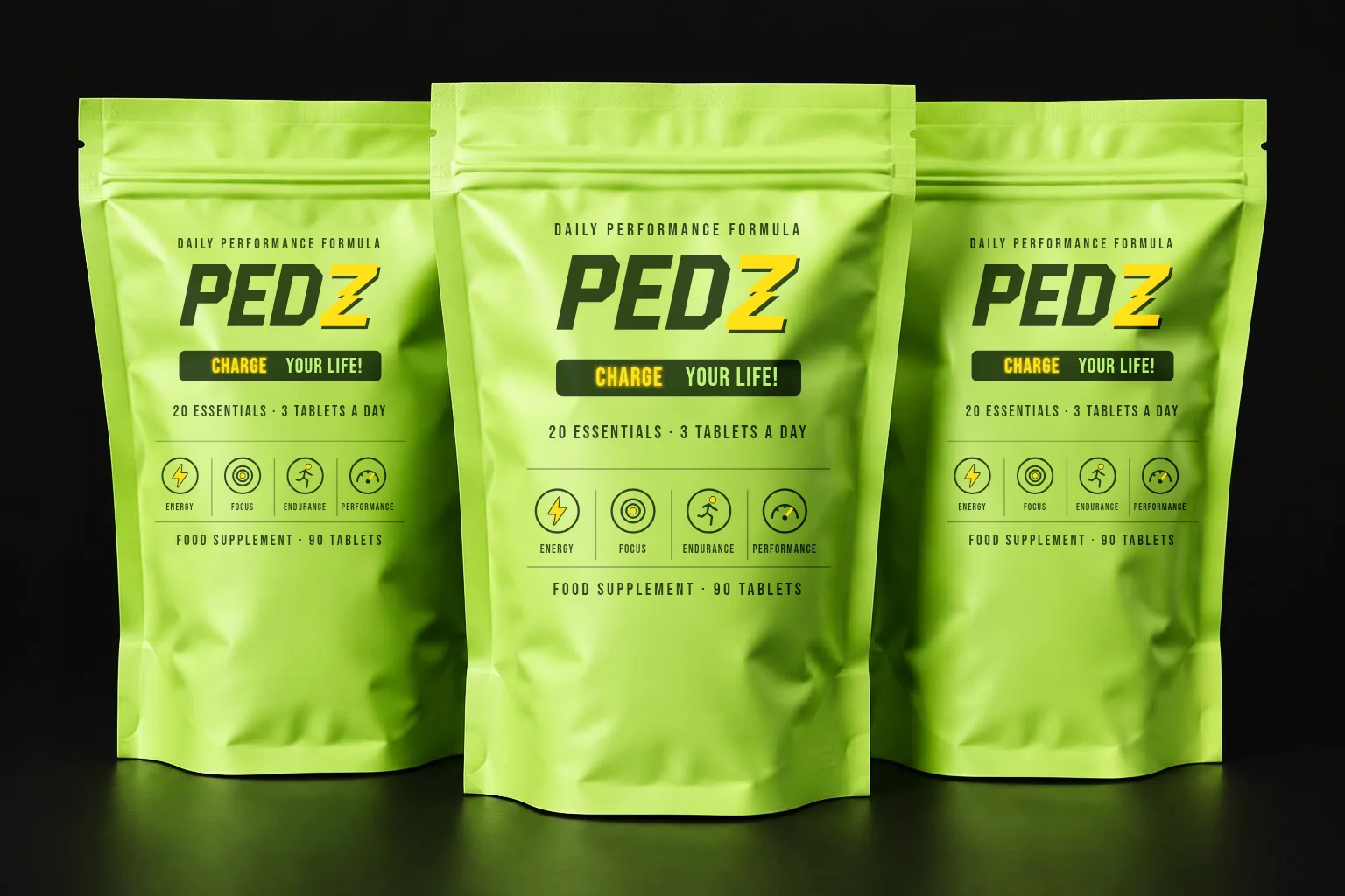Three PEDZ Daily Formula pouches standing together